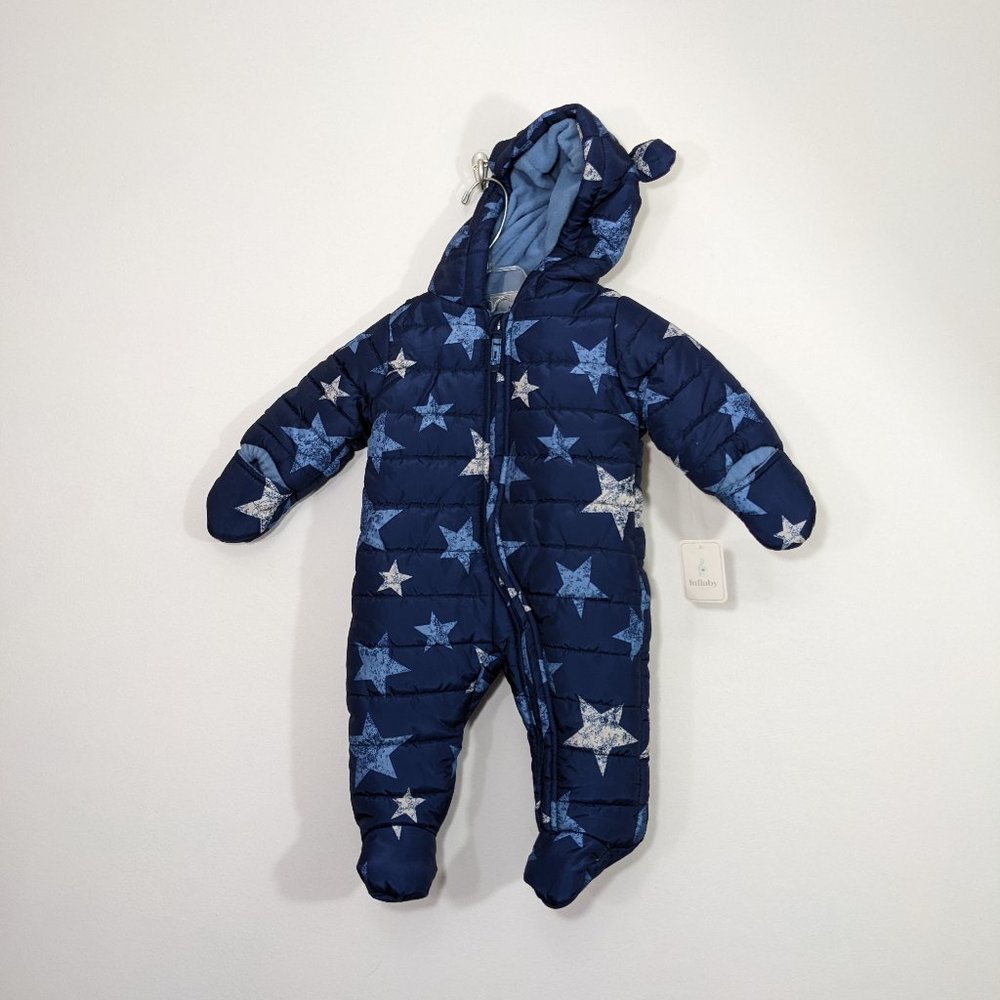 NWT Lullaby Lane Baby Lined Footed Winter Suit-Blue Stars Snow Size 0-3 m